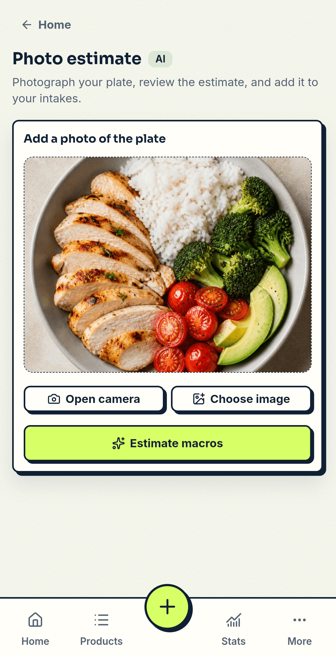 Estimación de una comida con IA de ProteinValue en un móvil