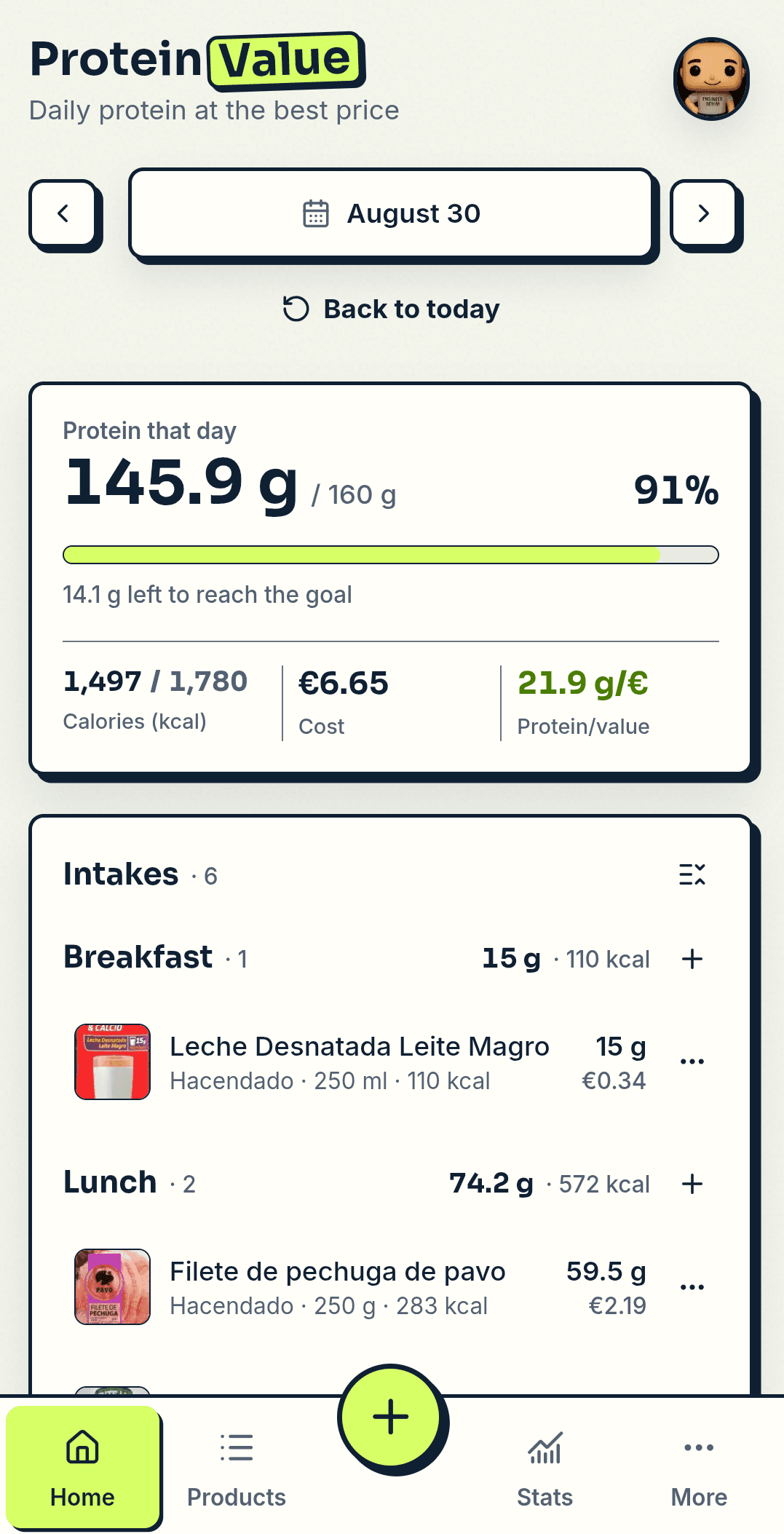Pantalla de inicio de ProteinValue en un móvil