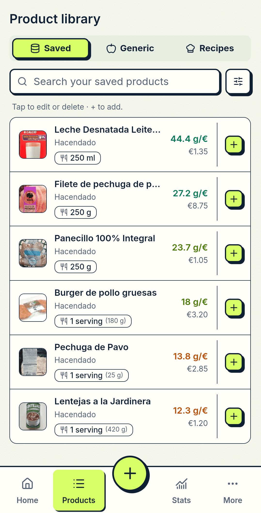 Biblioteca de productos de ProteinValue en un móvil